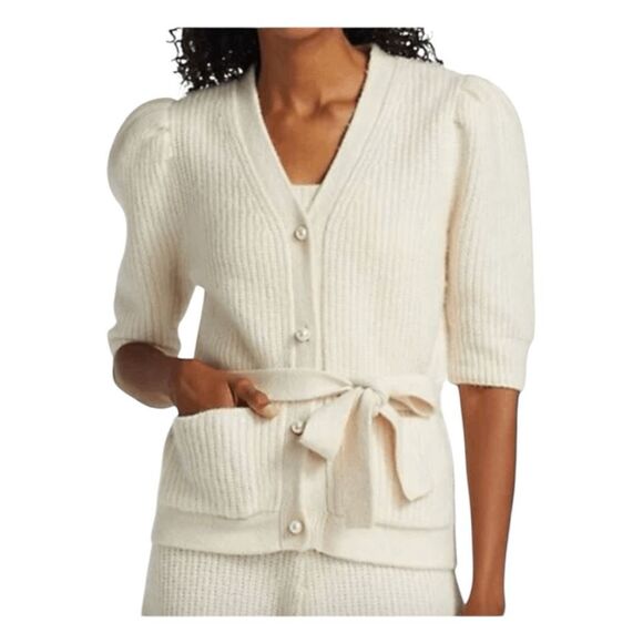 Adam Lippes Belted Embellished Ribbed Ivory Cardigan Sweater XS - Picture 1 of 11